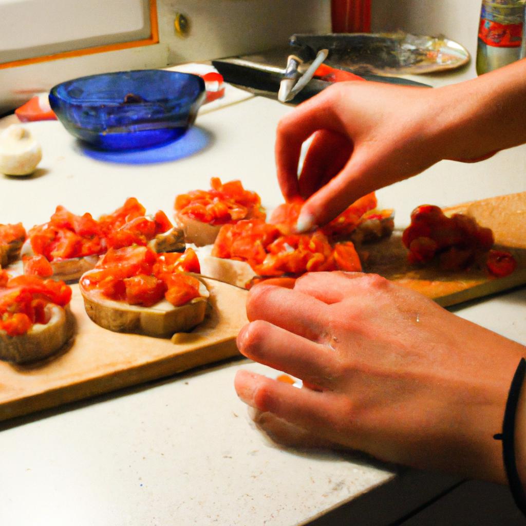 Person Preparing Bruschetta In Kitchen