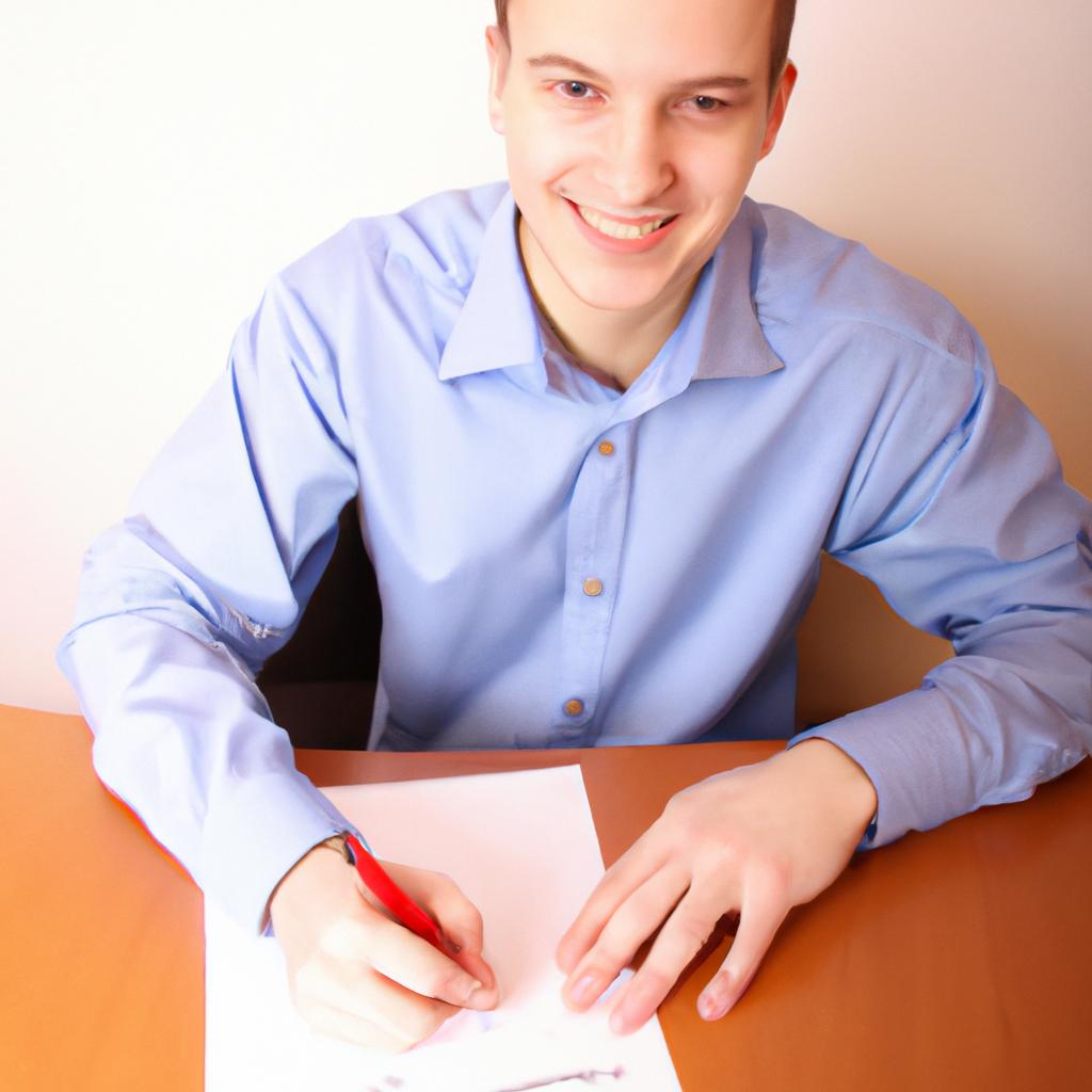 Person Signing Financial Documents, Smiling